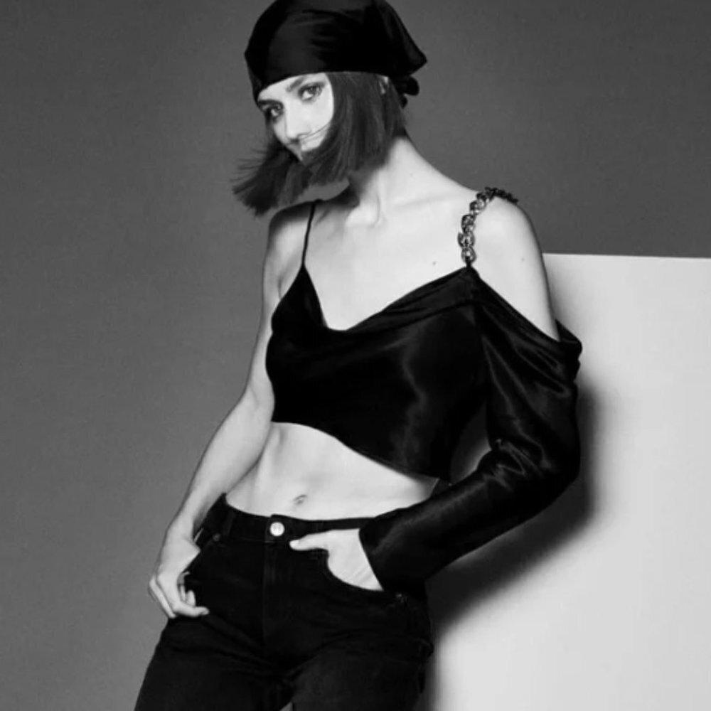 NWT Zara Satin Effect Asymmetric Chain Shoulder Top